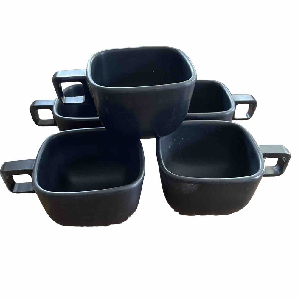 5 Vintage BLACK Melamine Square CUPS Melmac Brookpark ARROWHEAD Modern Design